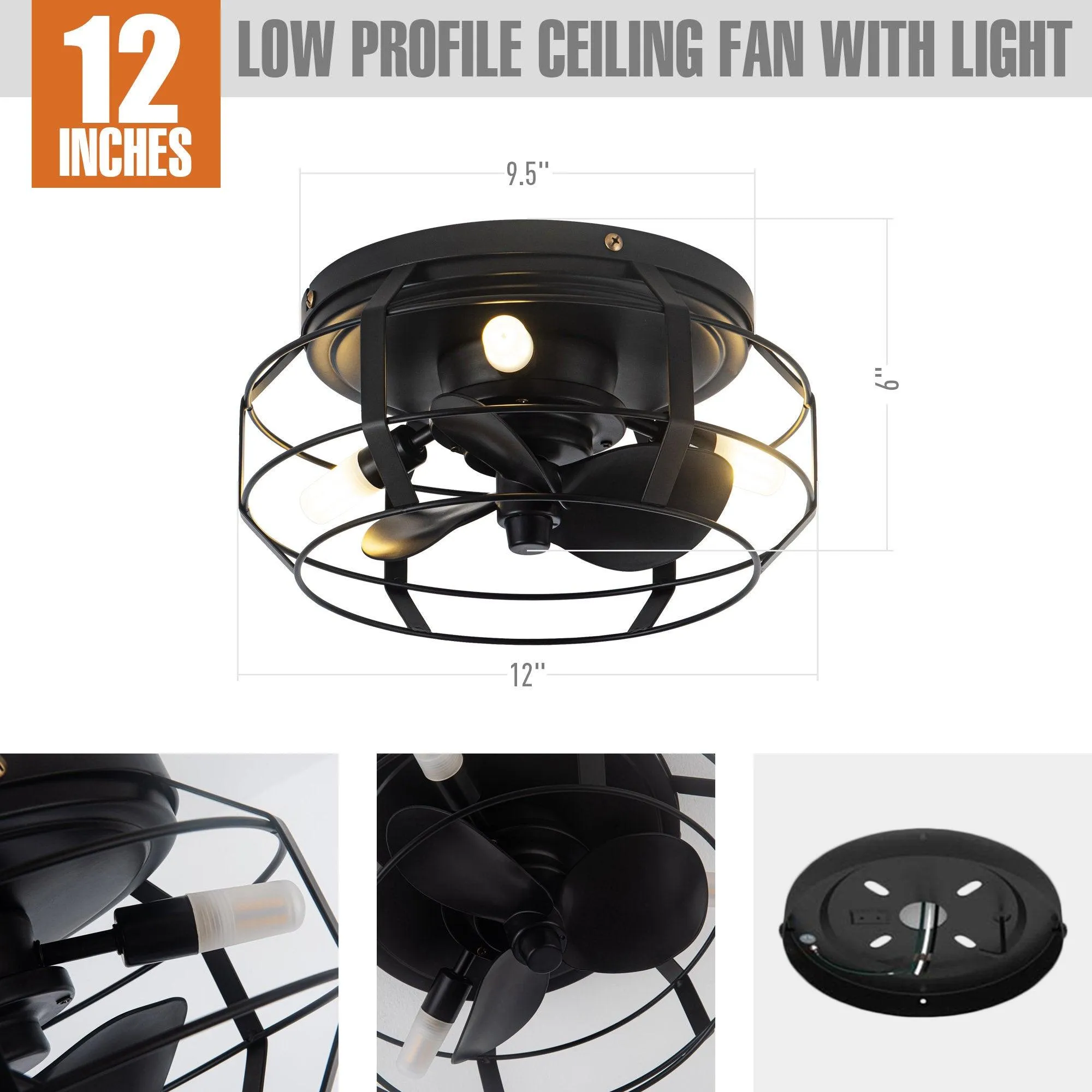 12" Mini Flush Mount Ceiling Fan with Light and Remote Control