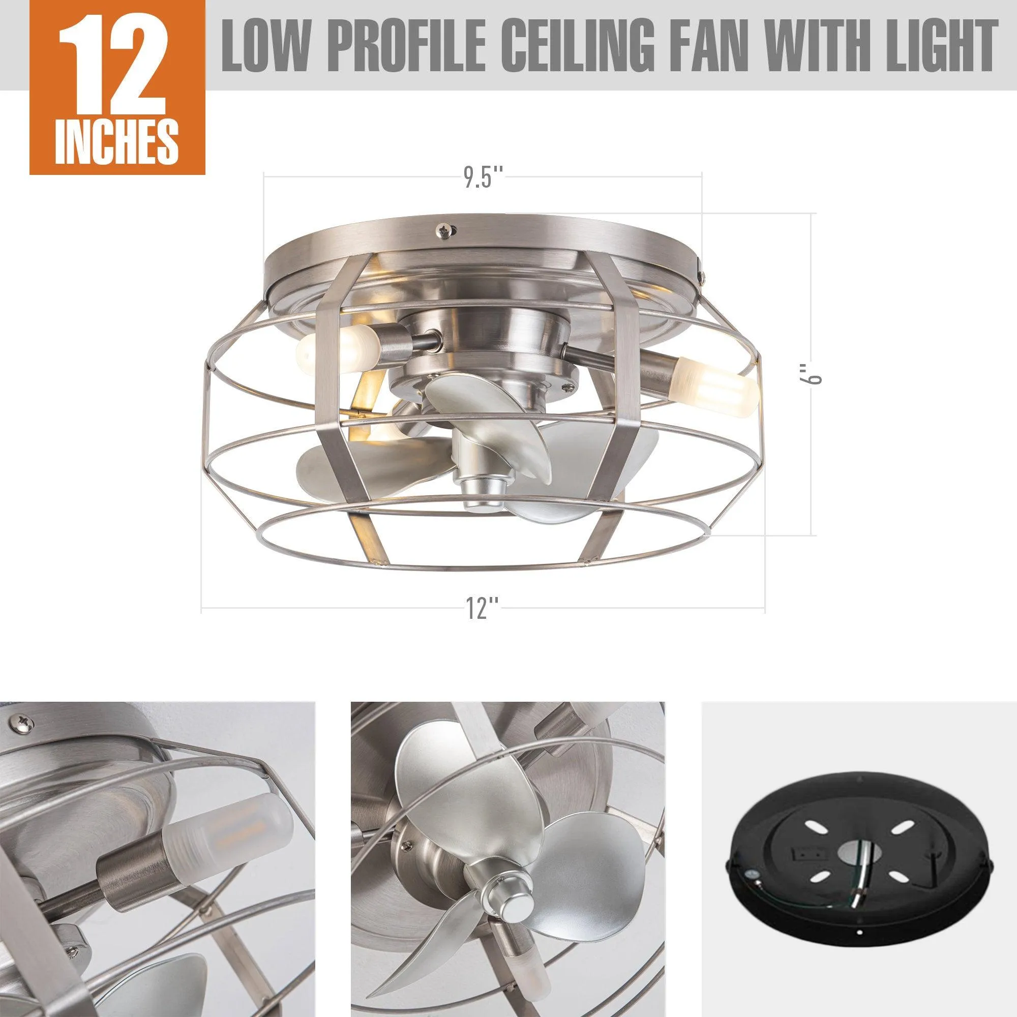 12" Mini Flush Mount Ceiling Fan with Light and Remote Control