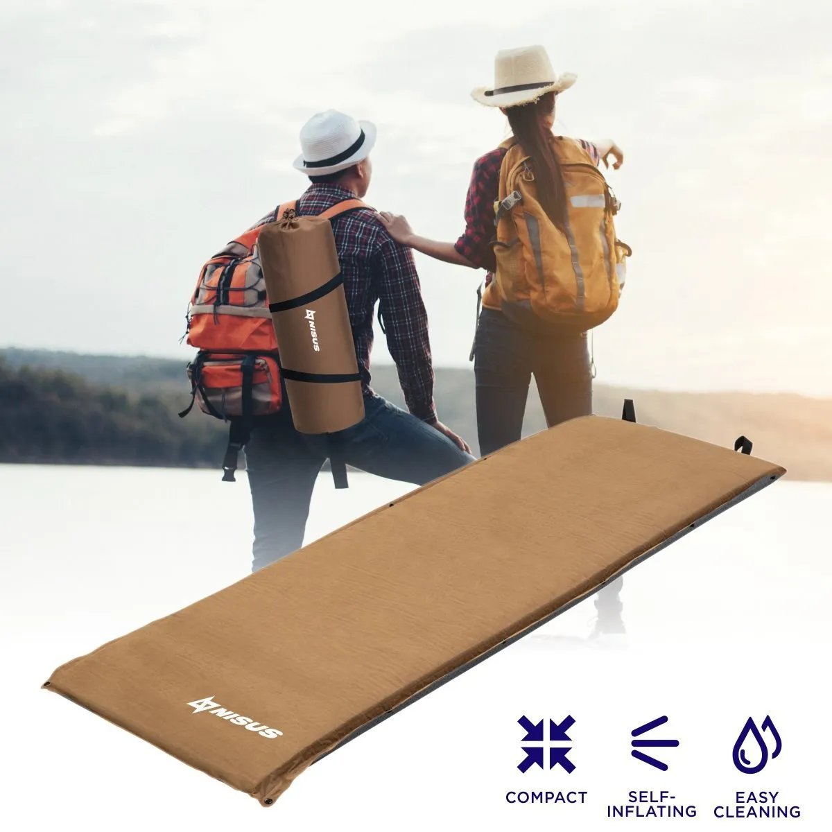 2-inch Lightweight Self Inflating Camping Sleeping Pad, Beige