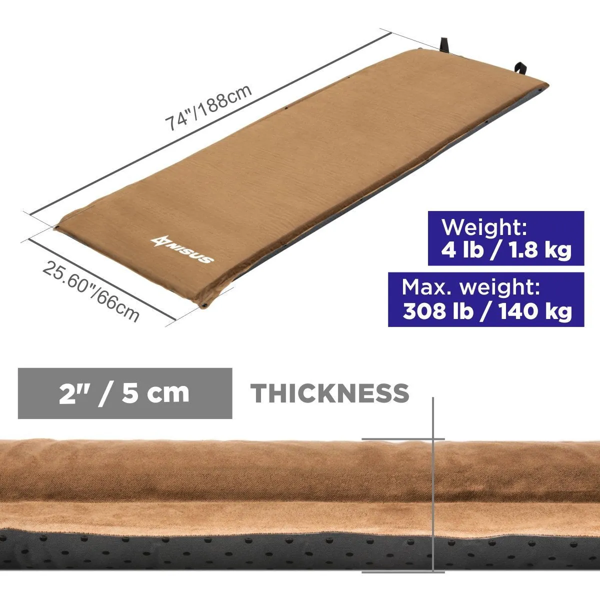 2-inch Lightweight Self Inflating Camping Sleeping Pad, Beige