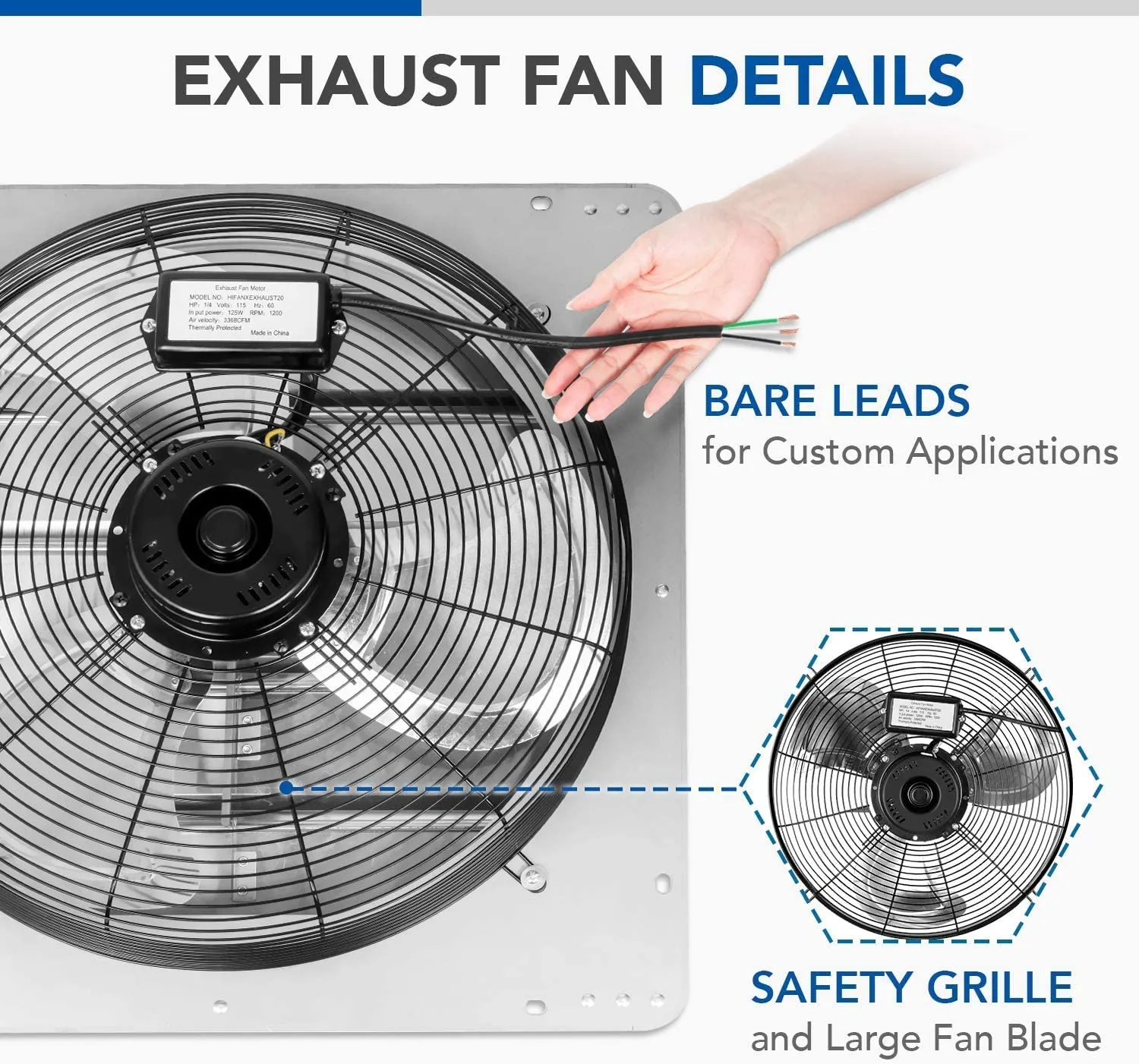 20 Inch Shutter Exhaust Fan Aluminum, High Speed 1190 RPM, 3368 CFM