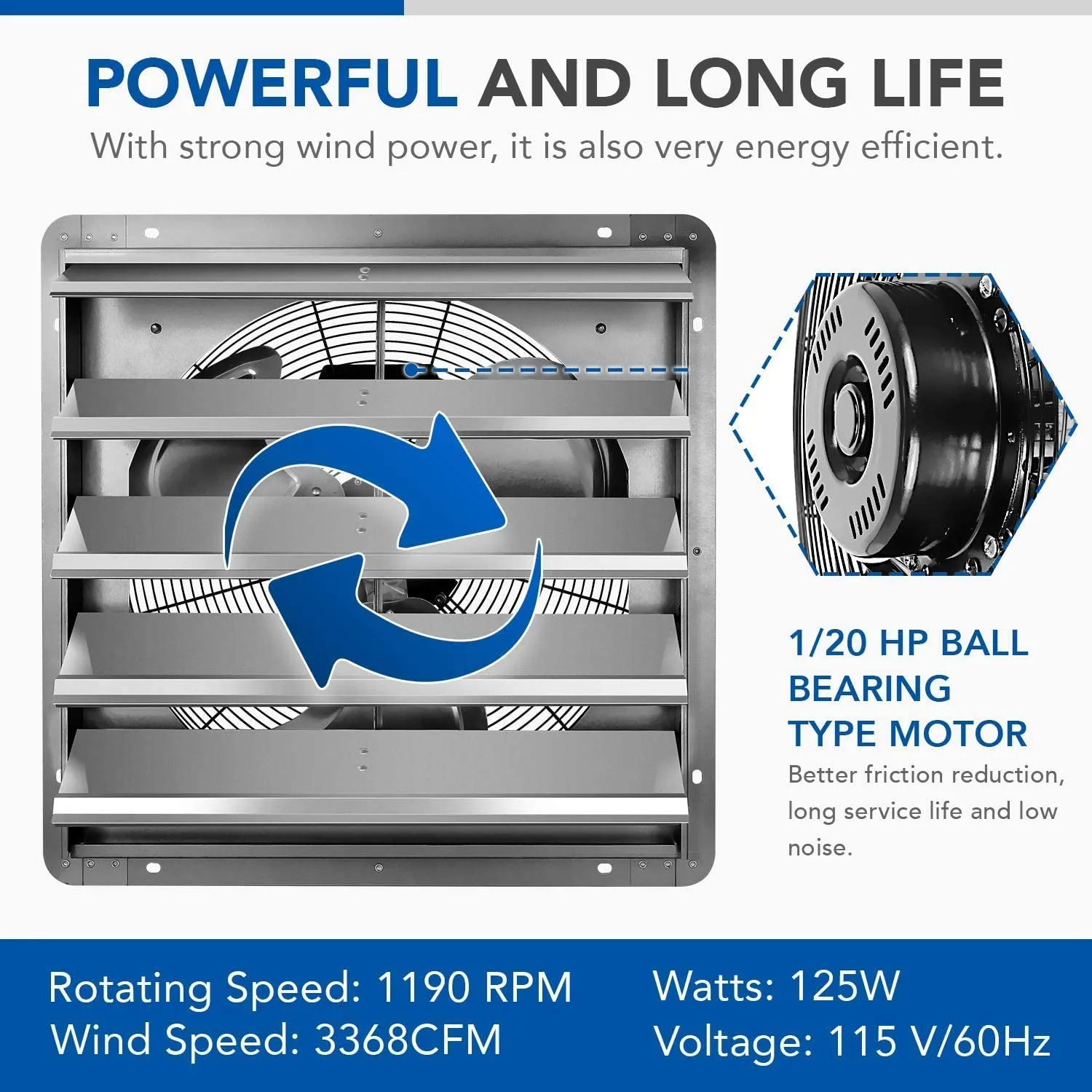 20 Inch Shutter Exhaust Fan Aluminum, High Speed 1190 RPM, 3368 CFM