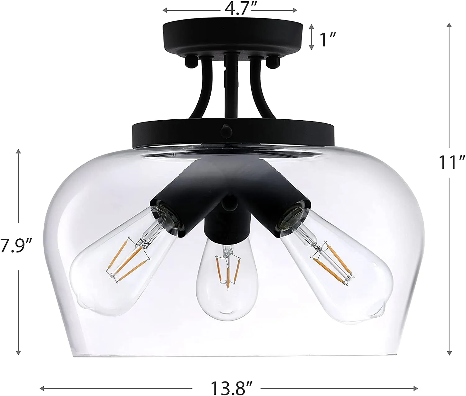 3 Bulb Modern Industrial Clear Glass Shade Flush Mount, Matte Black