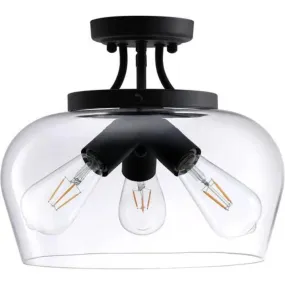 3 Bulb Modern Industrial Clear Glass Shade Flush Mount, Matte Black