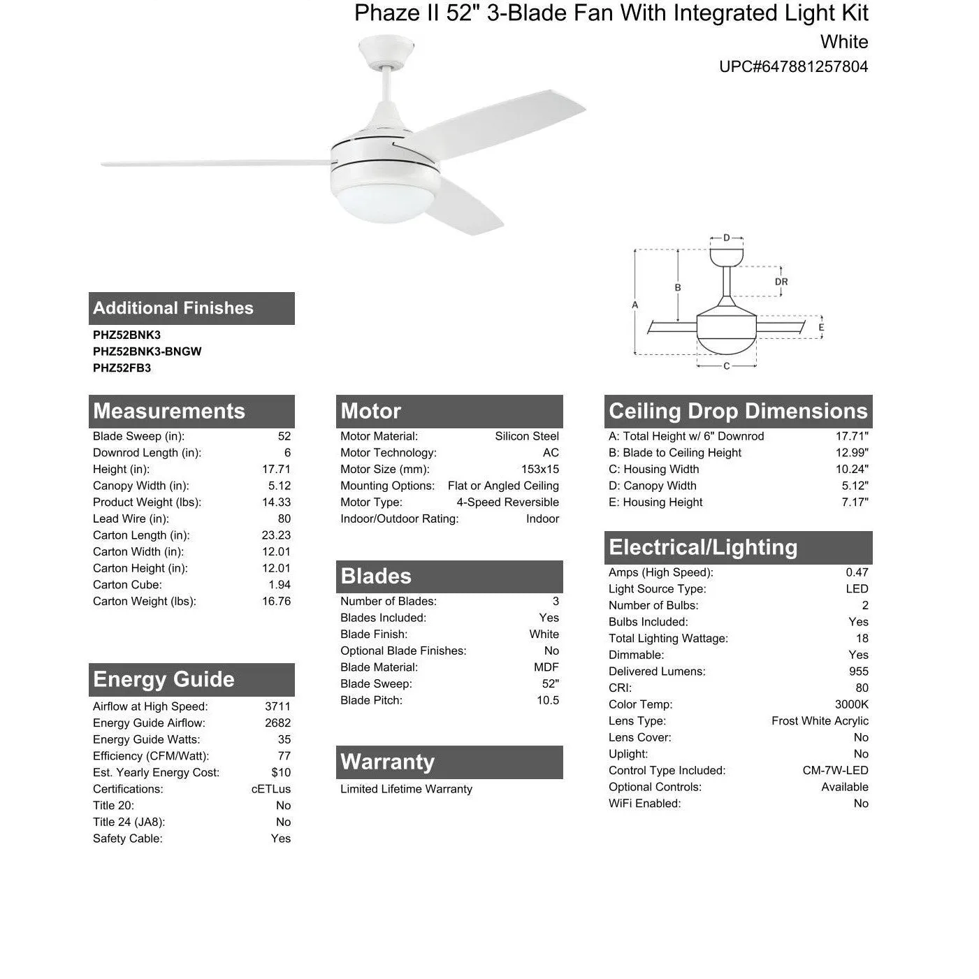 52" Phaze II 3-Blade in White w/ White Blades