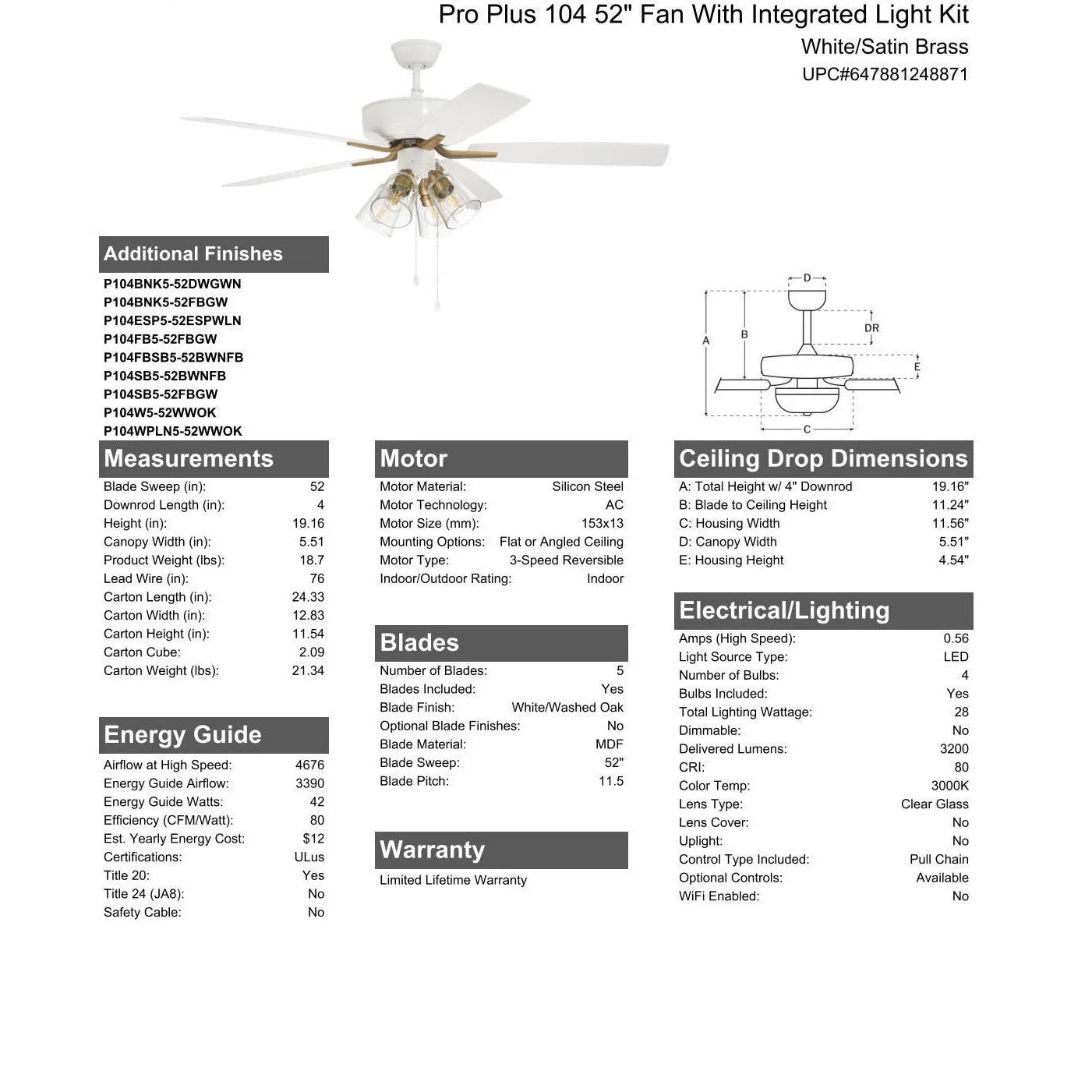 52" Pro Plus 104 in White/Satin Brass w/ White/Washed Oak Blades