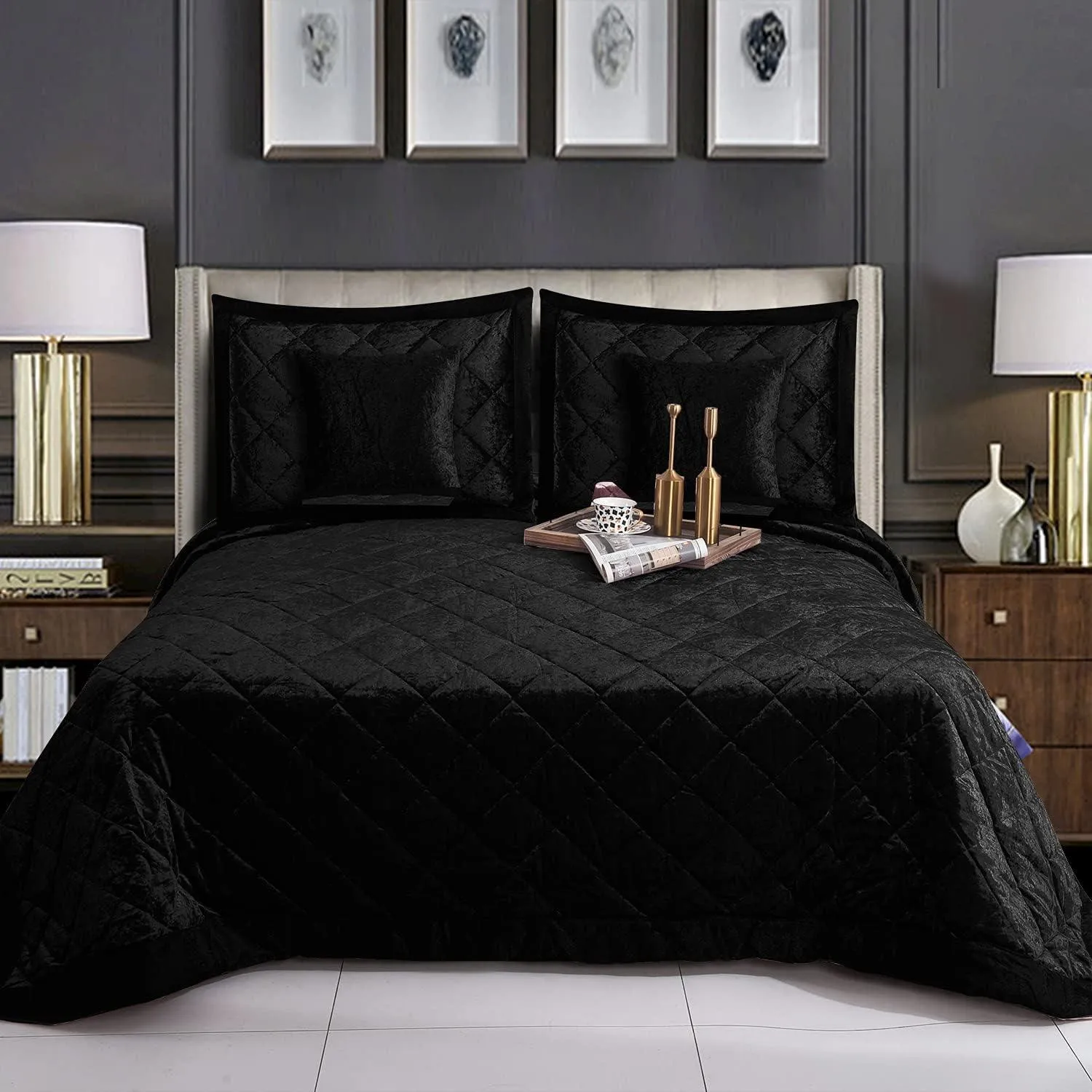 5pcs Quilted Bedspread Set | Crushed Velvet & Microfiber