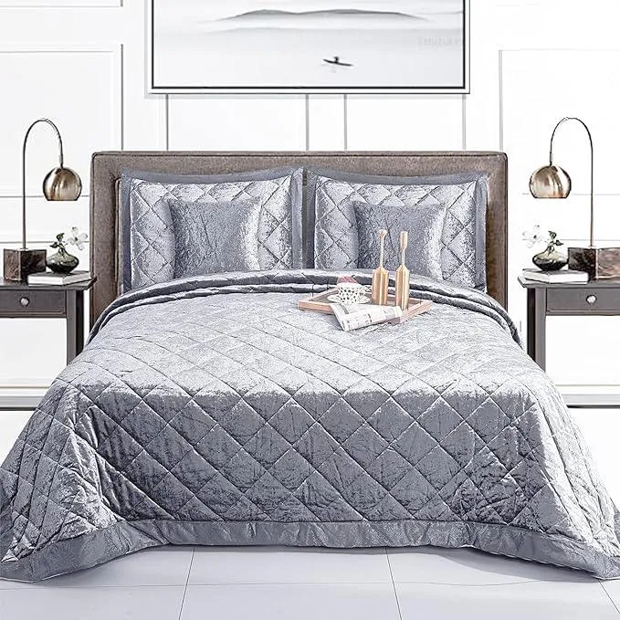 5pcs Quilted Bedspread Set | Crushed Velvet & Microfiber