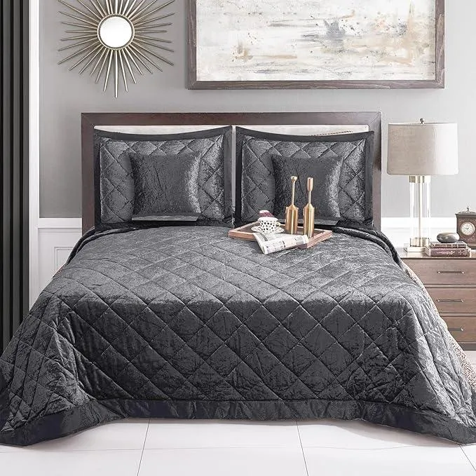 5pcs Quilted Bedspread Set | Crushed Velvet & Microfiber