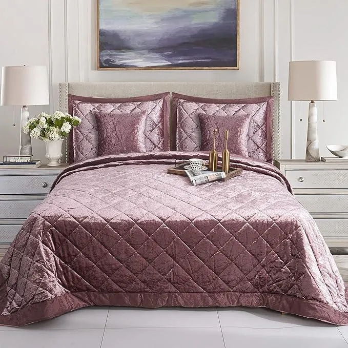 5pcs Quilted Bedspread Set | Crushed Velvet & Microfiber