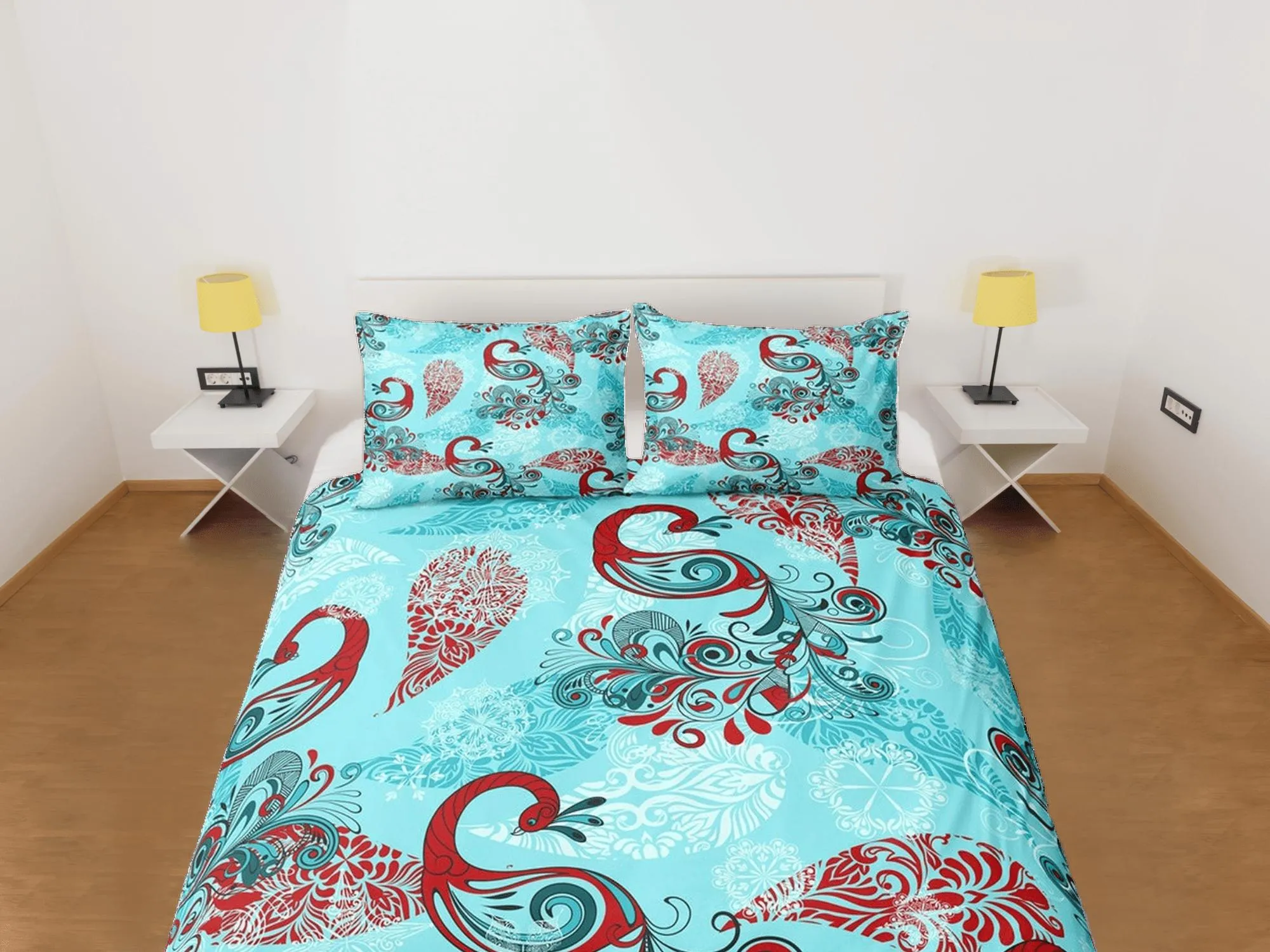 Abstract design peacock decor aesthetic bedding set full, luxury duvet cover queen, king, boho duvet, designer bedding, maximalist bedspread