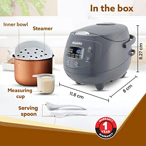 AGARO Imperial Electric Rice Cooker, 2 Litre Ceramic Coated Inner Bowl, Steam Basket, 8 Preset Cooking Function, Advanced Fuzzy Logic, 24 Hours Keep Warm Function, Cooks up to 3 Cups of Raw Rice, Grey