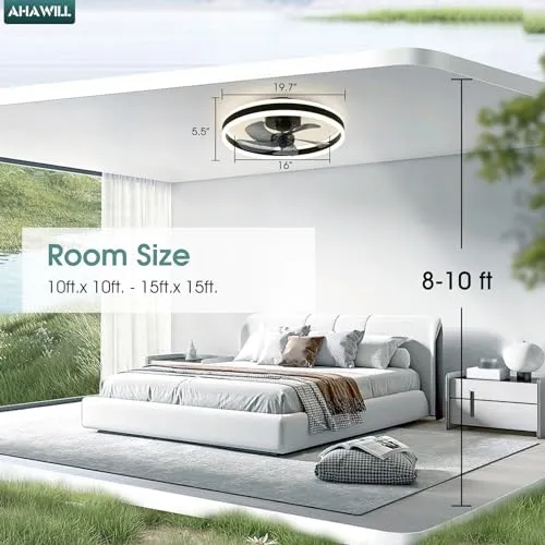 AHAWILL Low Profile Ceiling Fans with Lights and Remote,19.7in Flush Mount LED Dimmable Ceiling Fan,Pure White Fandelier Ceiling Fan for Bedroom.