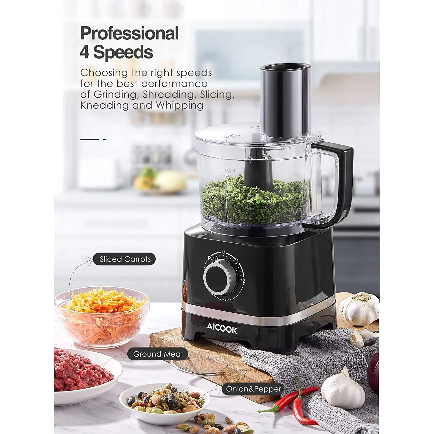 AICOOK 16 Functions Food Processor, 700W, 12-Cup Food Chopper with 4 Speeds for Chopping, Pureeing, Mixing, Shredding, MODEL: FP202SA