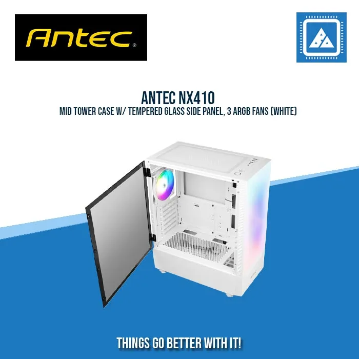 ANTEC NX410 MID TOWER CASE W/ TEMPERED GLASS SIDE PANEL, 3 ARGB FANS (WHITE)