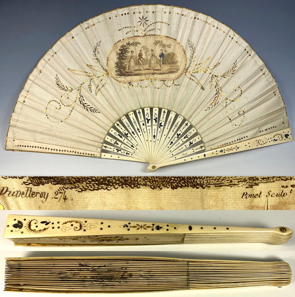 Antique Duvelleroy 28cm French Hand Fan, Empire Revival, Sequins, Carved Bone Guards, Sticks