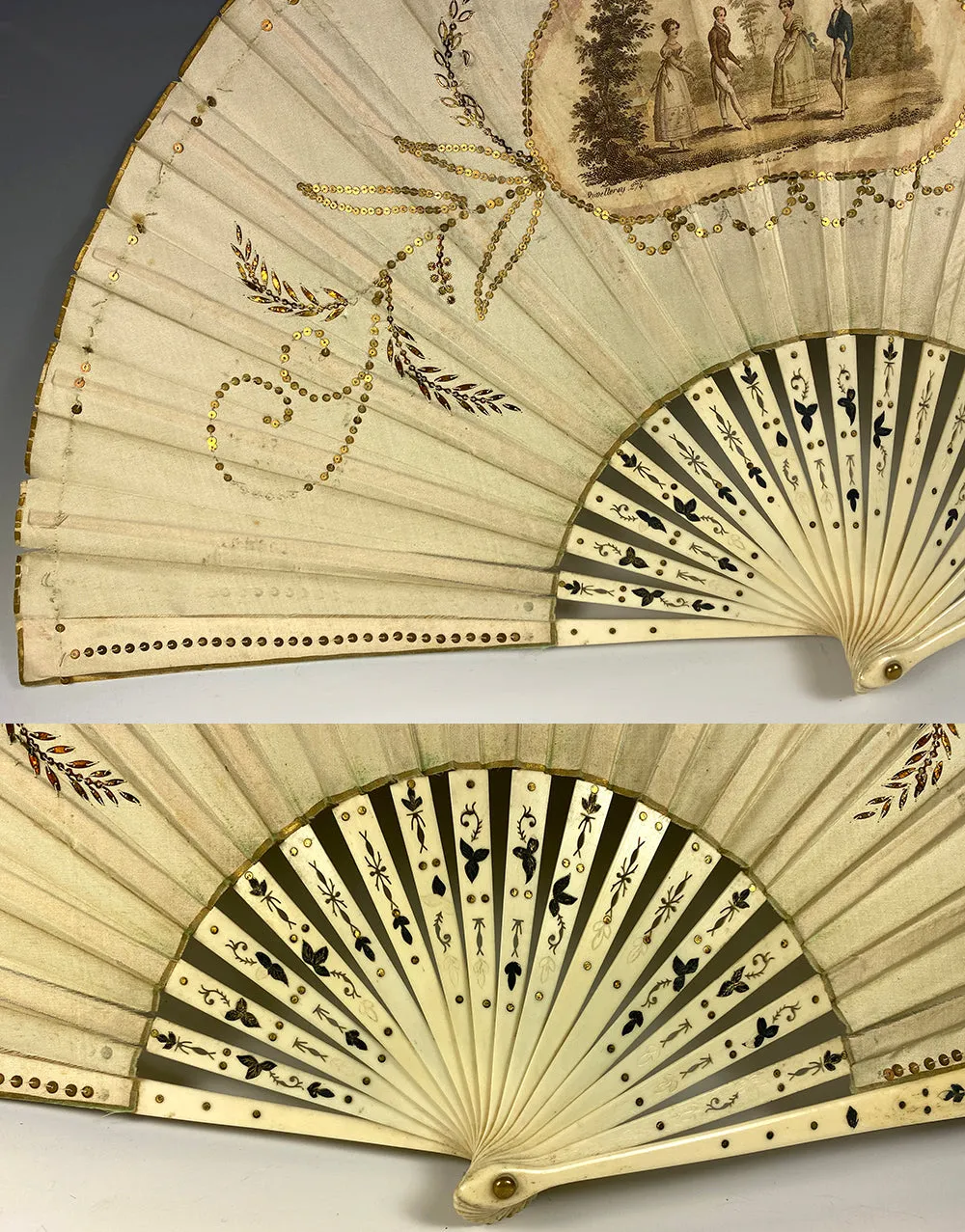 Antique Duvelleroy 28cm French Hand Fan, Empire Revival, Sequins, Carved Bone Guards, Sticks