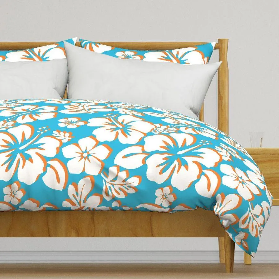 Aqua Blue, Orange and White Hawaiian Flowers Duvet Cover -Medium Scale