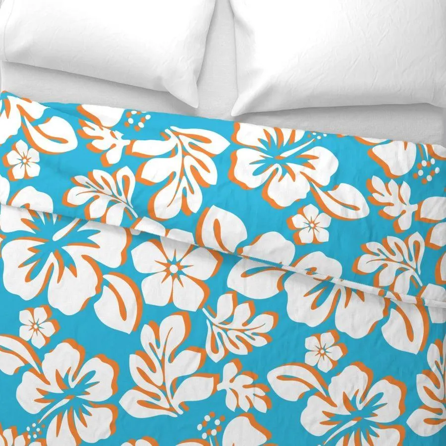 Aqua Blue, Orange and White Hawaiian Flowers Duvet Cover -Medium Scale