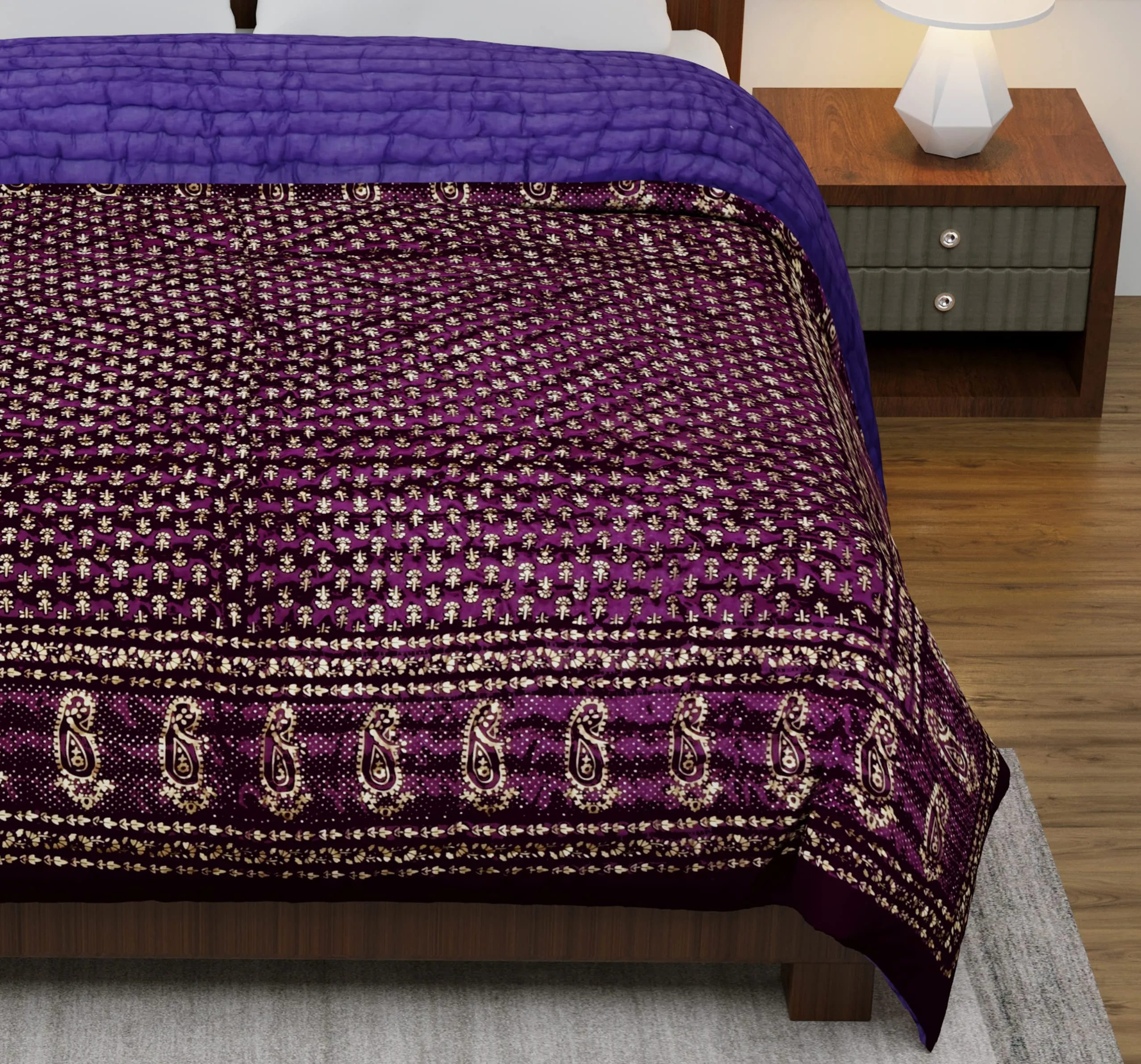 AUROSTYLE 400 TC Silk Fabric Jaipuri Razai Rajasthani Traditional Filling Pure Cotton Light Weight Winter and Summer Rajai Jaipuri Quilt Throw Blanket (Purple, Double Bed - 85 inch x 100 inch)