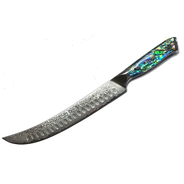 Awabi Butcher Knife - Complete Knife with Abalone in Resin Handles and Mosaic Pin - AUS-10 Damascus Steel