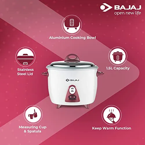 Bajaj Majesty New RCX 3 Multifunction Rice Cooker with Keep Warm Function, 1.5 Liters, 350W, White and Pink