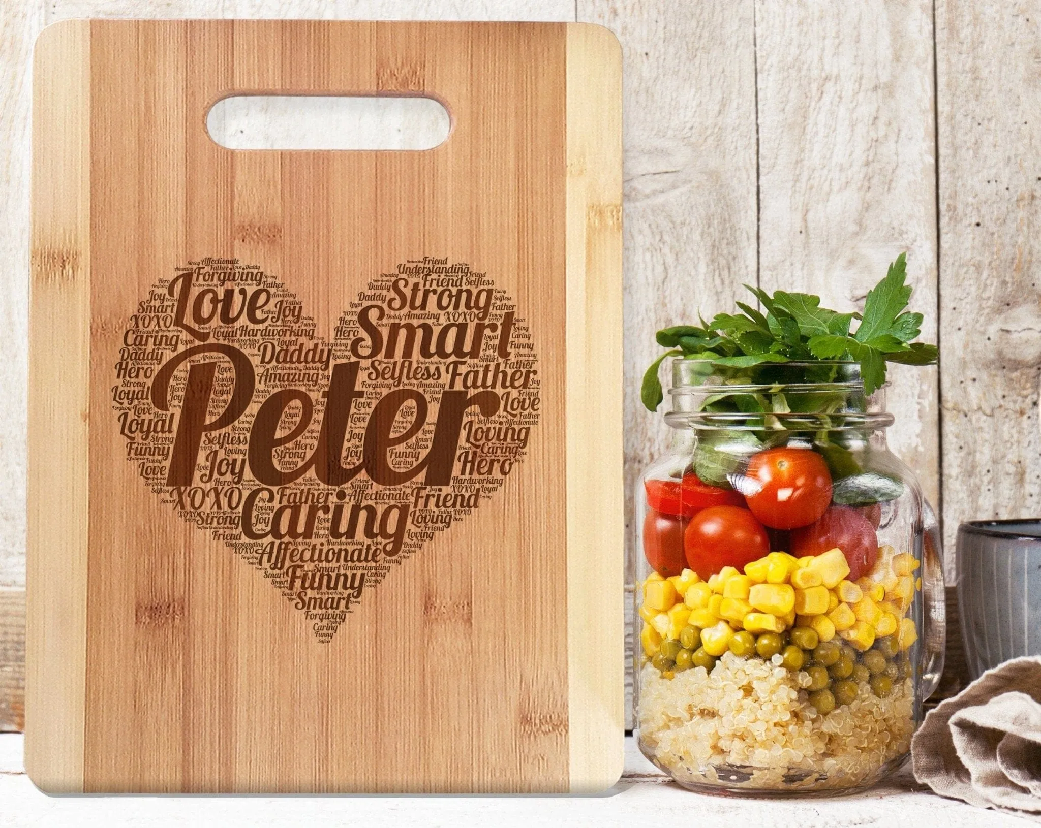 Bamboo Wood Cutting Board Wall Art Heart Personalized Words Farmhouse Kitchen Decorations for Mom Dad Father Daddy Parents Daughter Son Gift