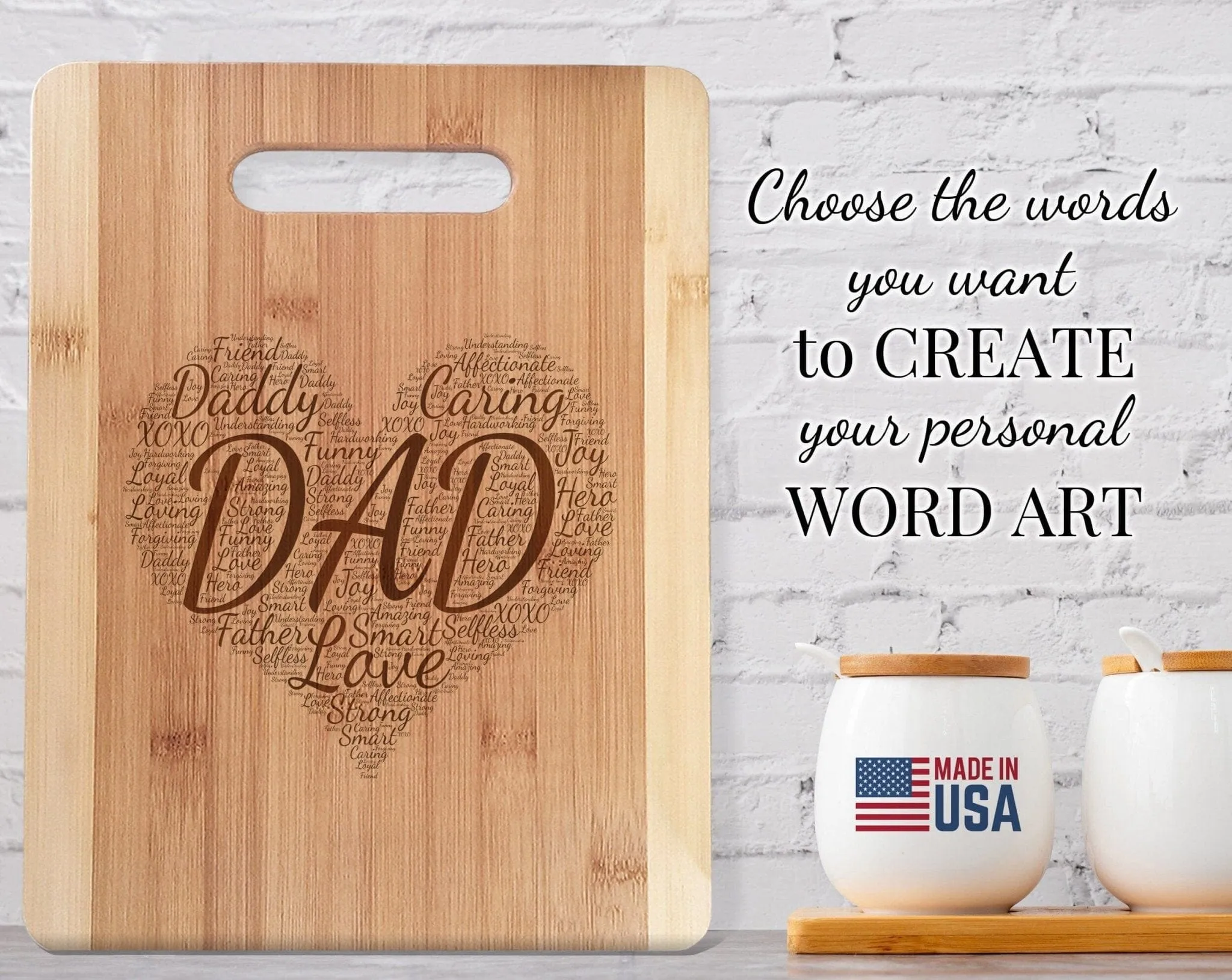 Bamboo Wood Cutting Board Wall Art Heart Personalized Words Farmhouse Kitchen Decorations for Mom Dad Father Daddy Parents Daughter Son Gift