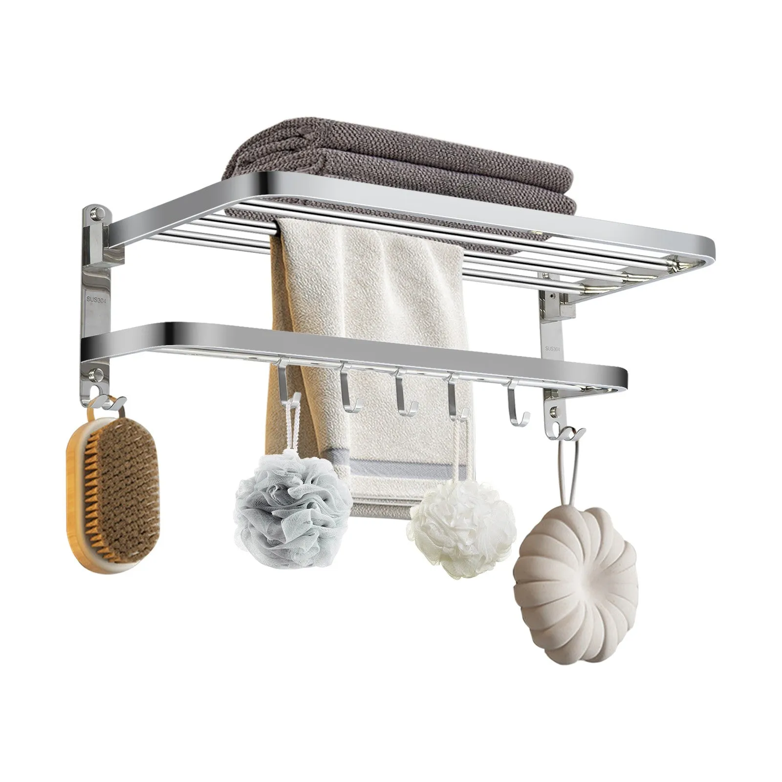 Bathroom Wall-Mounted Towel Rack 304 Stainless Steel, Towel Rail with Hooks