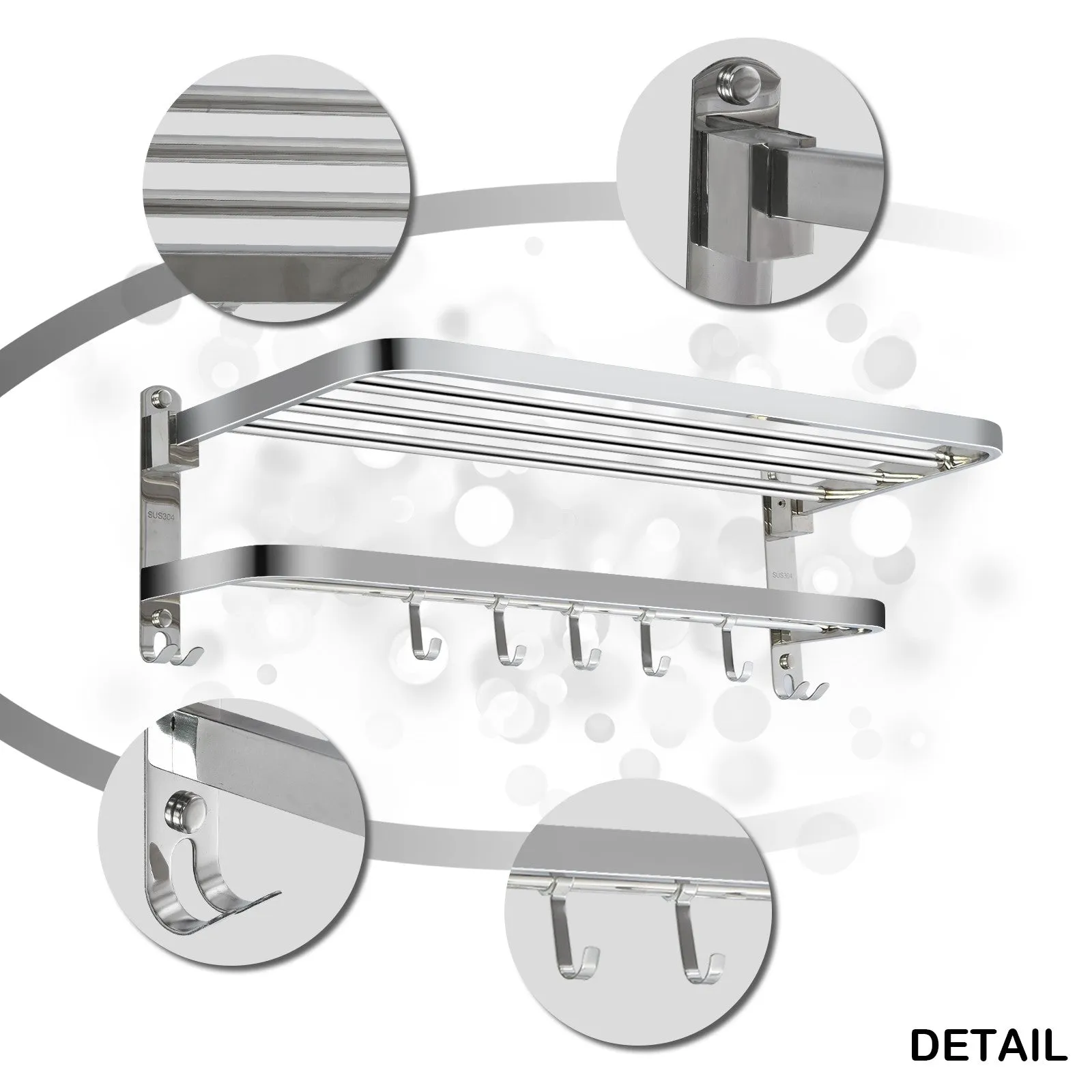 Bathroom Wall-Mounted Towel Rack 304 Stainless Steel, Towel Rail with Hooks