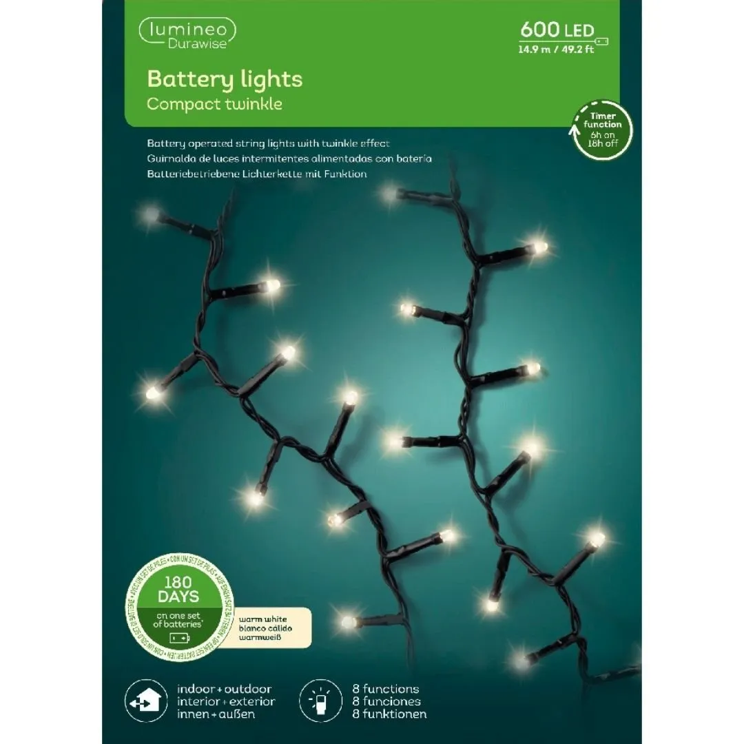 Battery String Lights Compact Twinkle 192 or 600 lights - Warm White