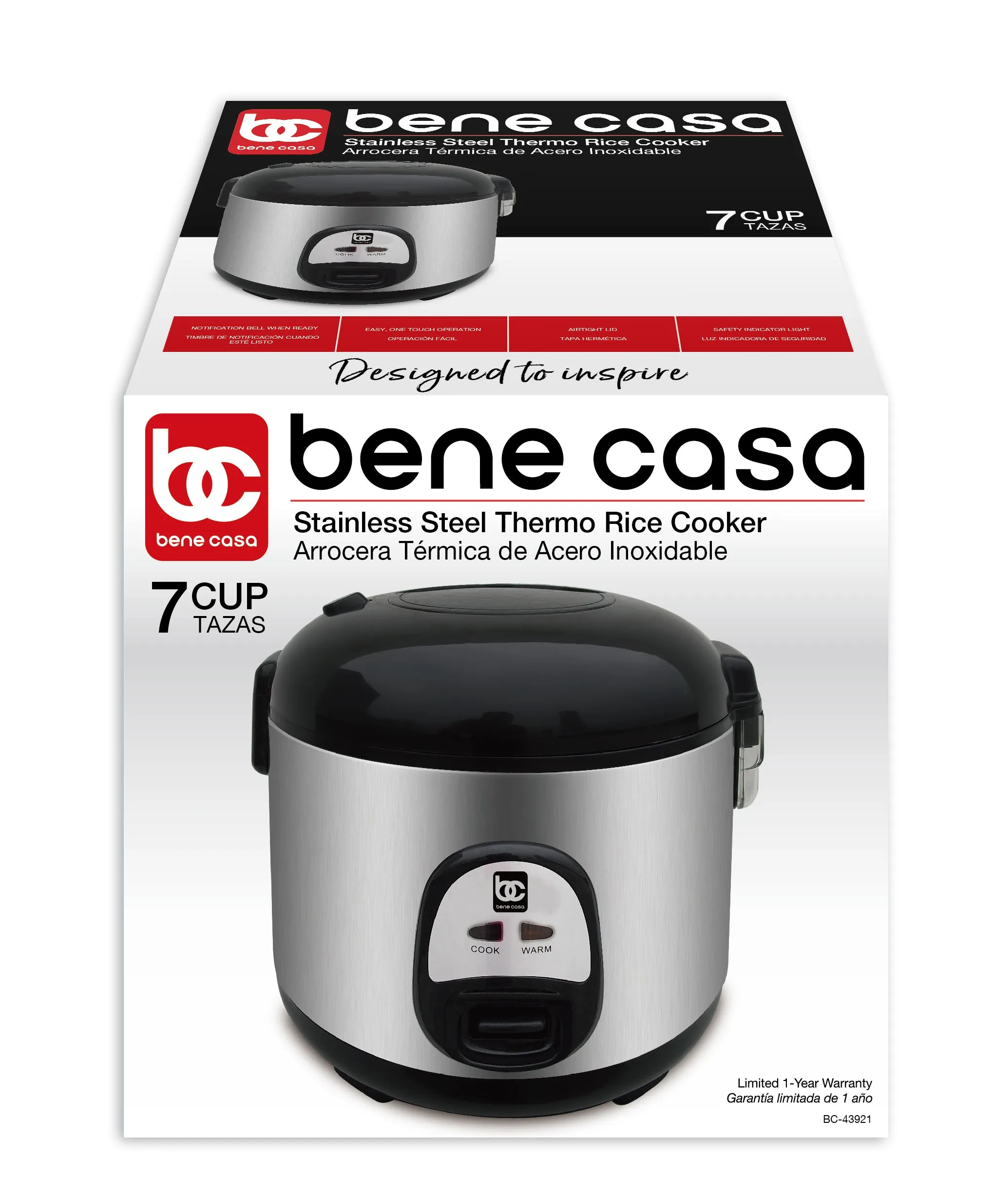 Bene Casa 7 Cup Stainless-Steel Thermo Rice Cooker, Simple Function