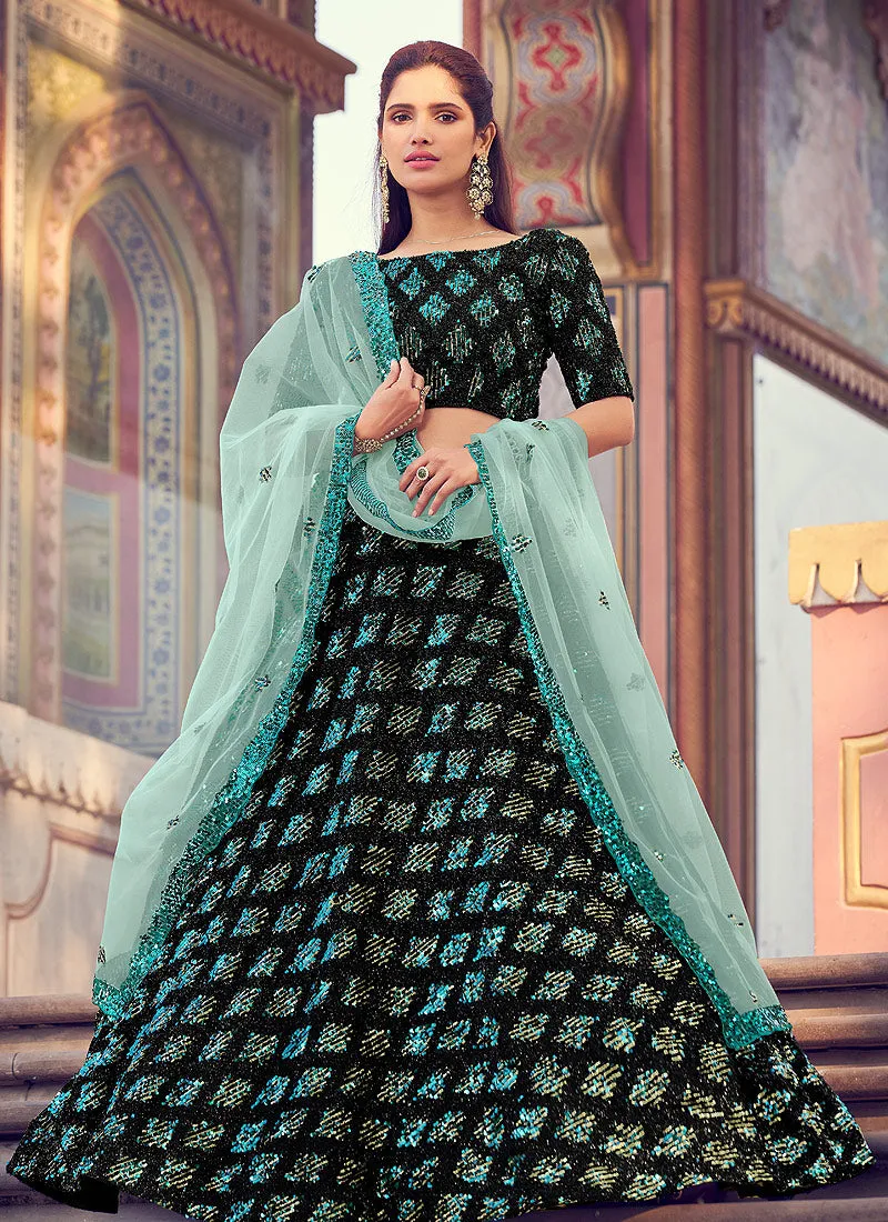 Black And Turquoise Sequence Embroidered Lehenga Choli