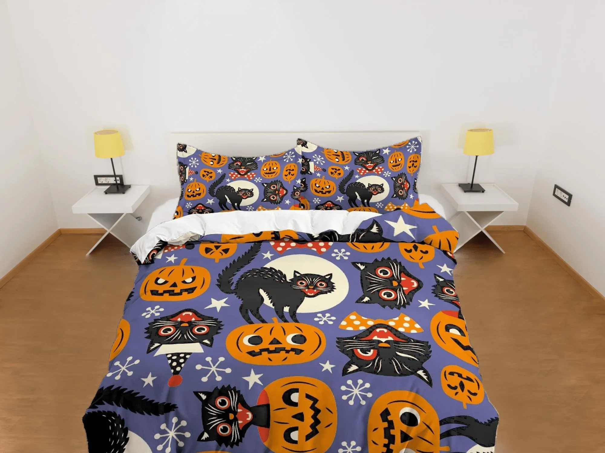 Black cat and pumpkin halloween bedding & pillowcase, gothic duvet cover, dorm bedding, goth decor toddler bedding, halloween gift