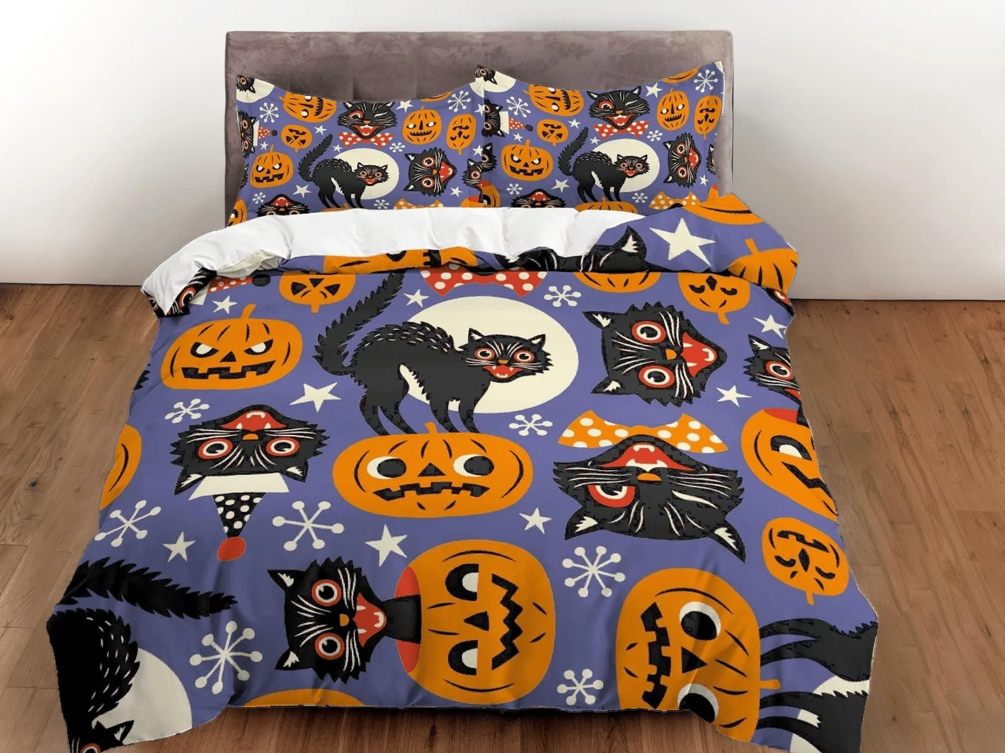 Black cat and pumpkin halloween bedding & pillowcase, gothic duvet cover, dorm bedding, goth decor toddler bedding, halloween gift