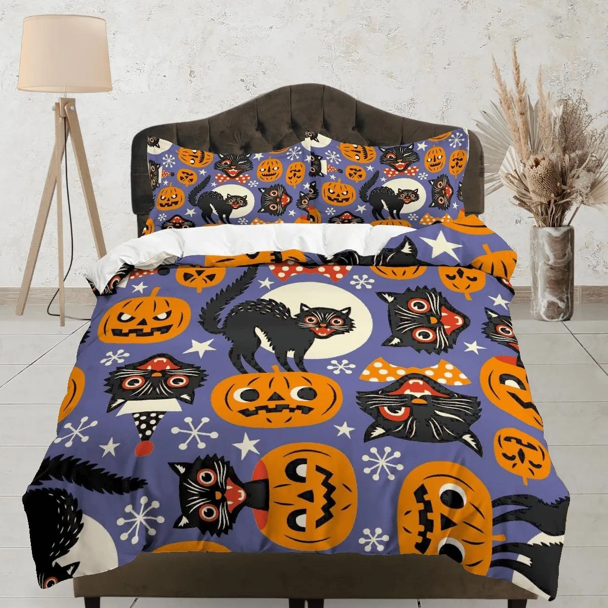 Black cat and pumpkin halloween bedding & pillowcase, gothic duvet cover, dorm bedding, goth decor toddler bedding, halloween gift