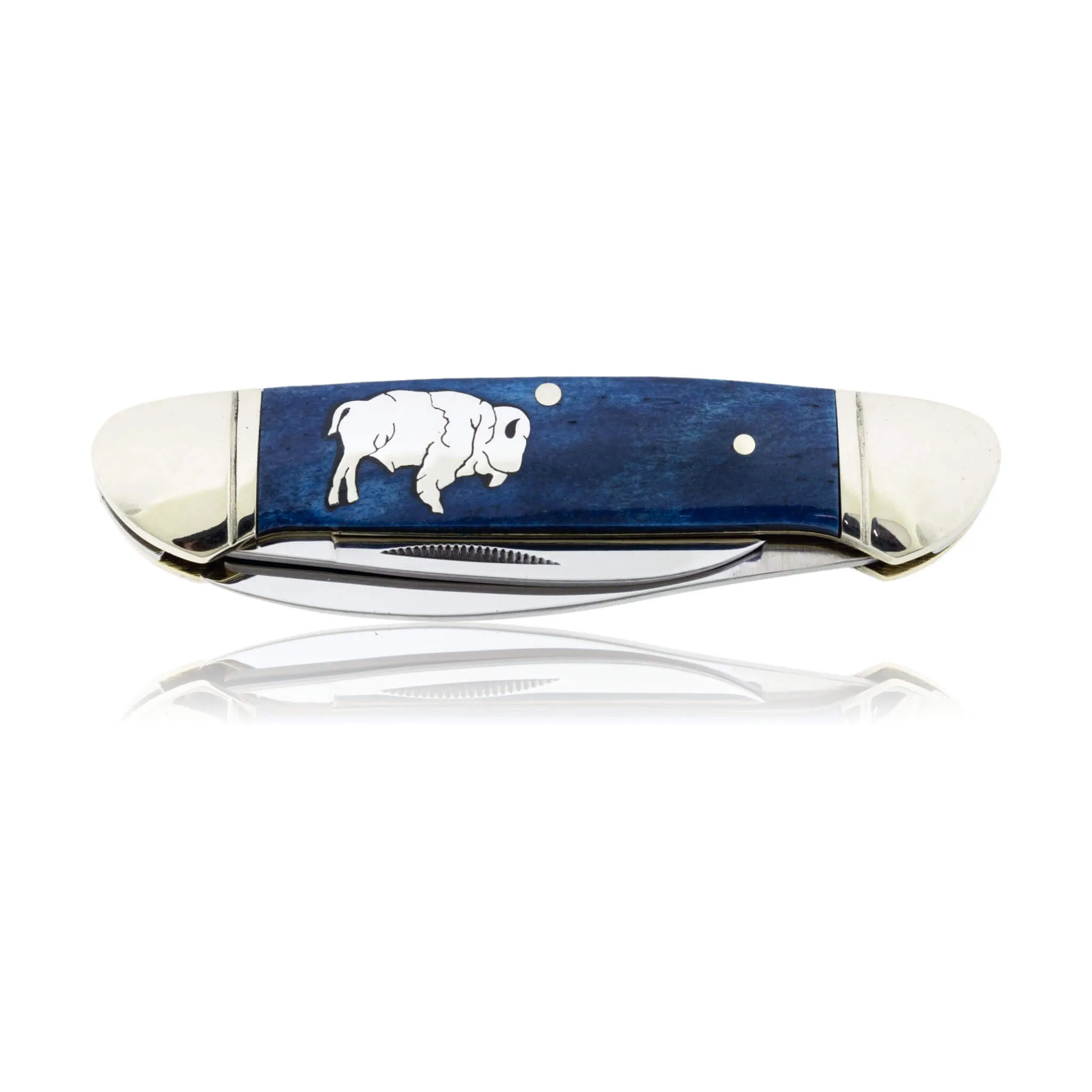 Blue Rough Rider 2 Blade Knife with Silver Wolf Inlay