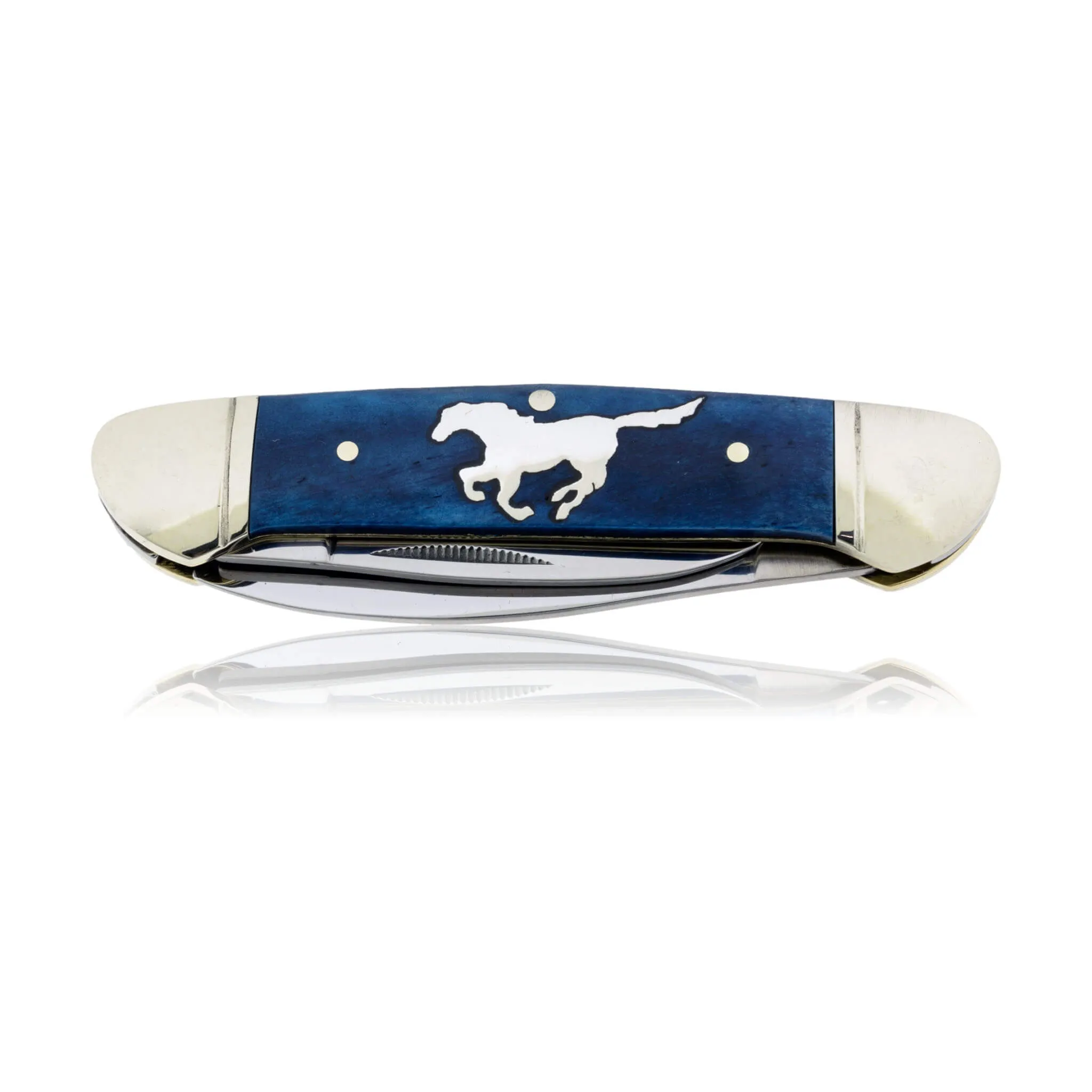 Blue Rough Rider 2 Blade Knife with Silver Wolf Inlay