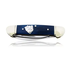 Blue Rough Rider 2 Blade Knife with Silver Wolf Inlay