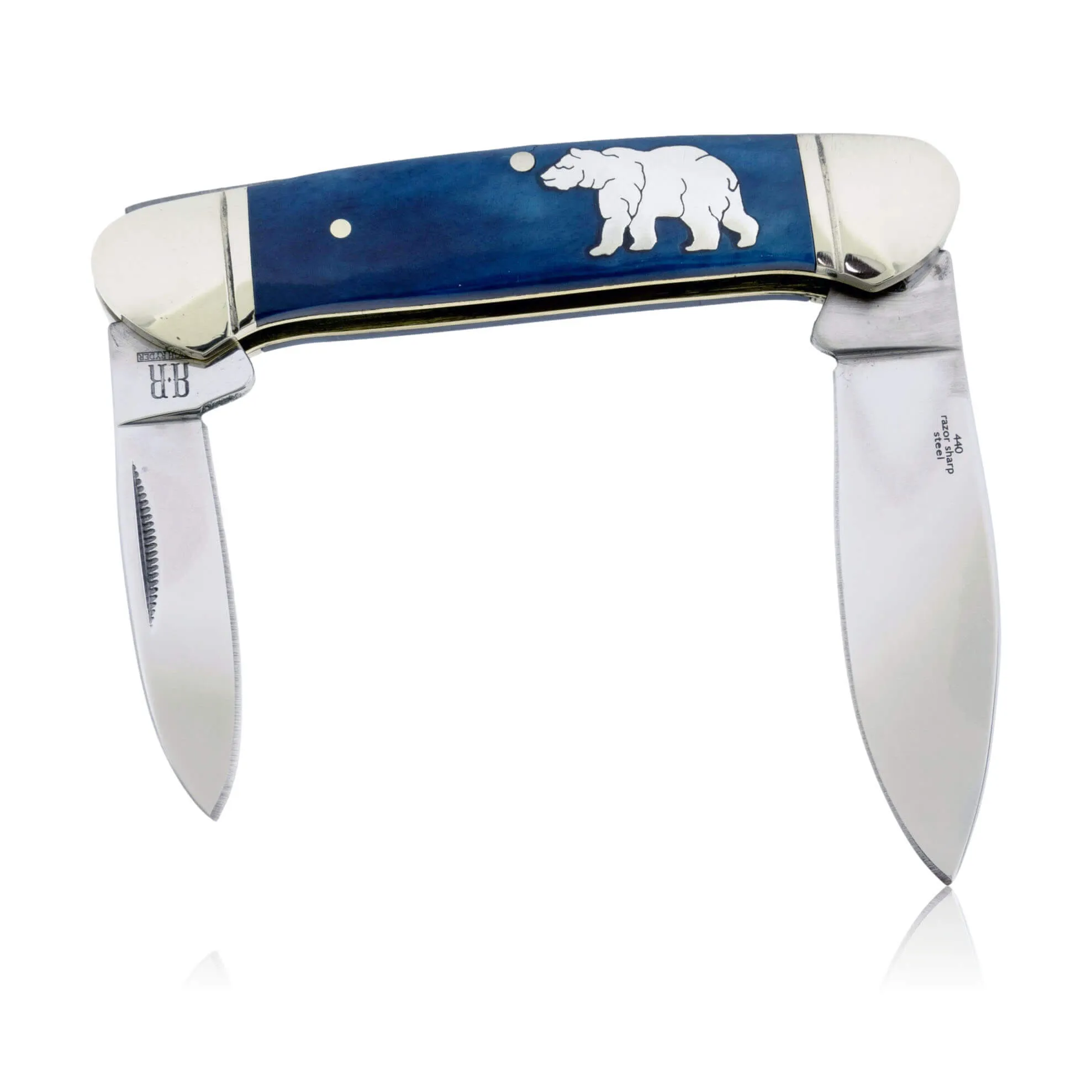 Blue Rough Rider 2 Blade Knife with Silver Wolf Inlay