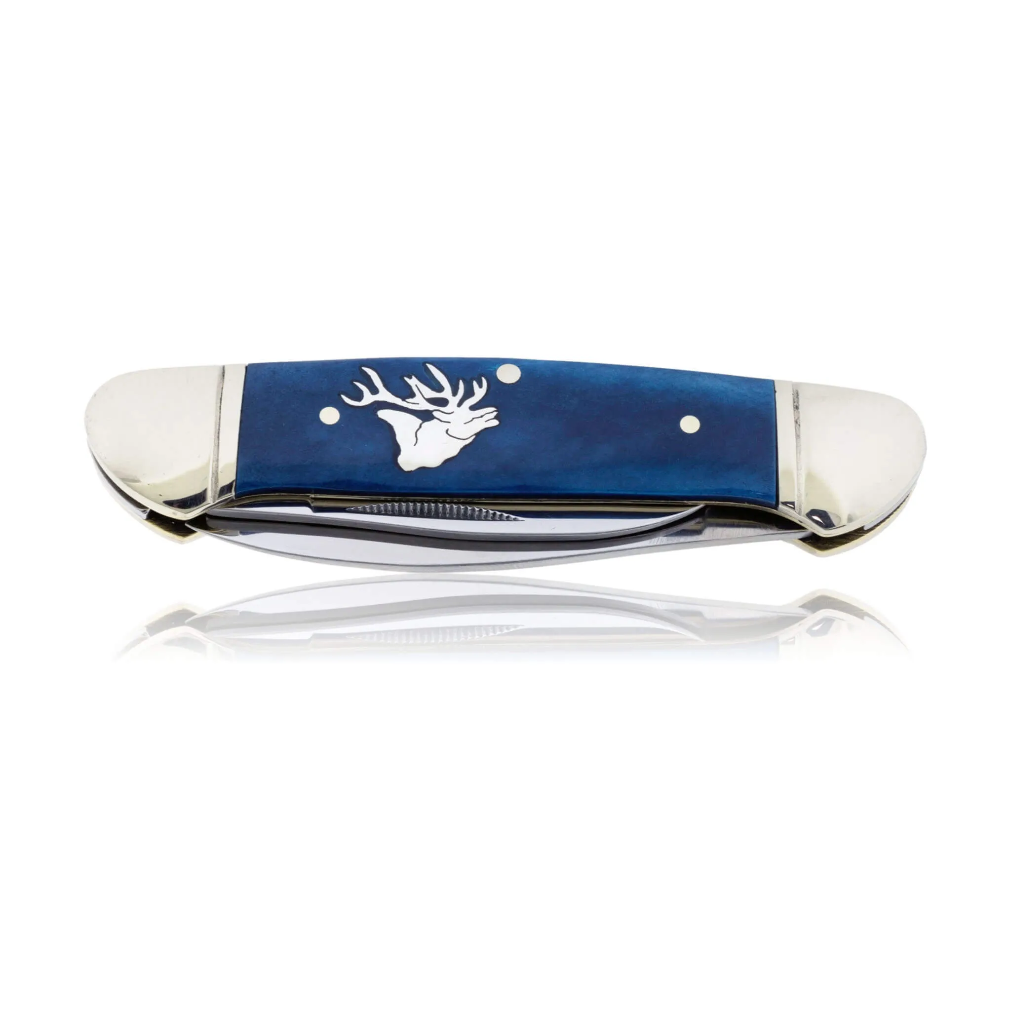 Blue Rough Rider 2 Blade Knife with Silver Wolf Inlay