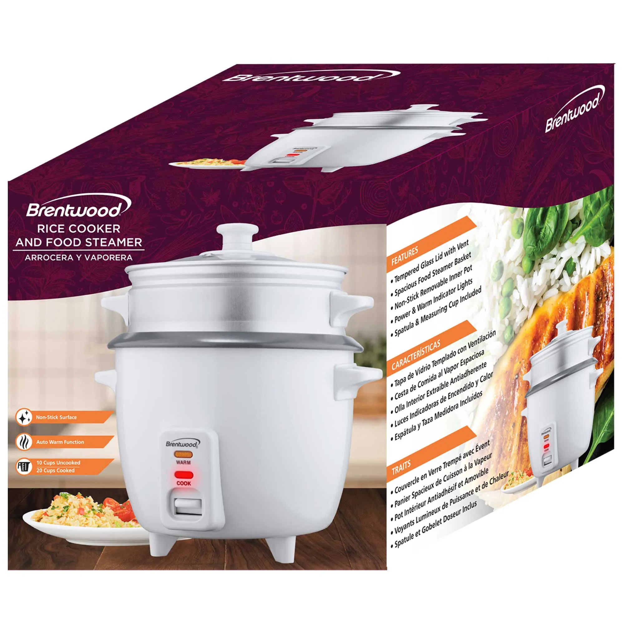 Brentwood TS-380S 10-Cup Uncooked/20-Cup Cooked Rice Cooker and Food Steamer, White