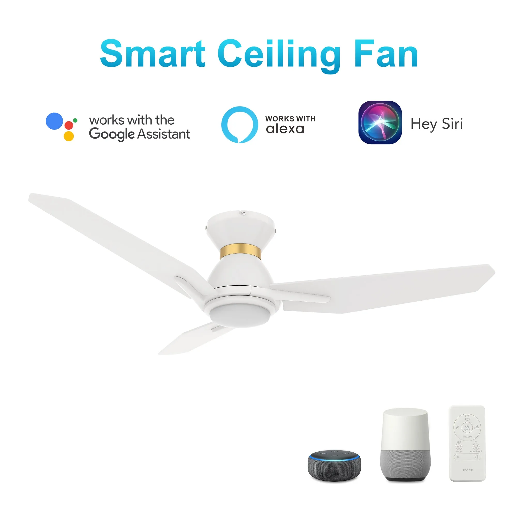 CALEN 52 inch 3-Blade Flush Mount Smart Ceiling Fan with LED Light Kit & Remote Control- White/White (Gold Detail)