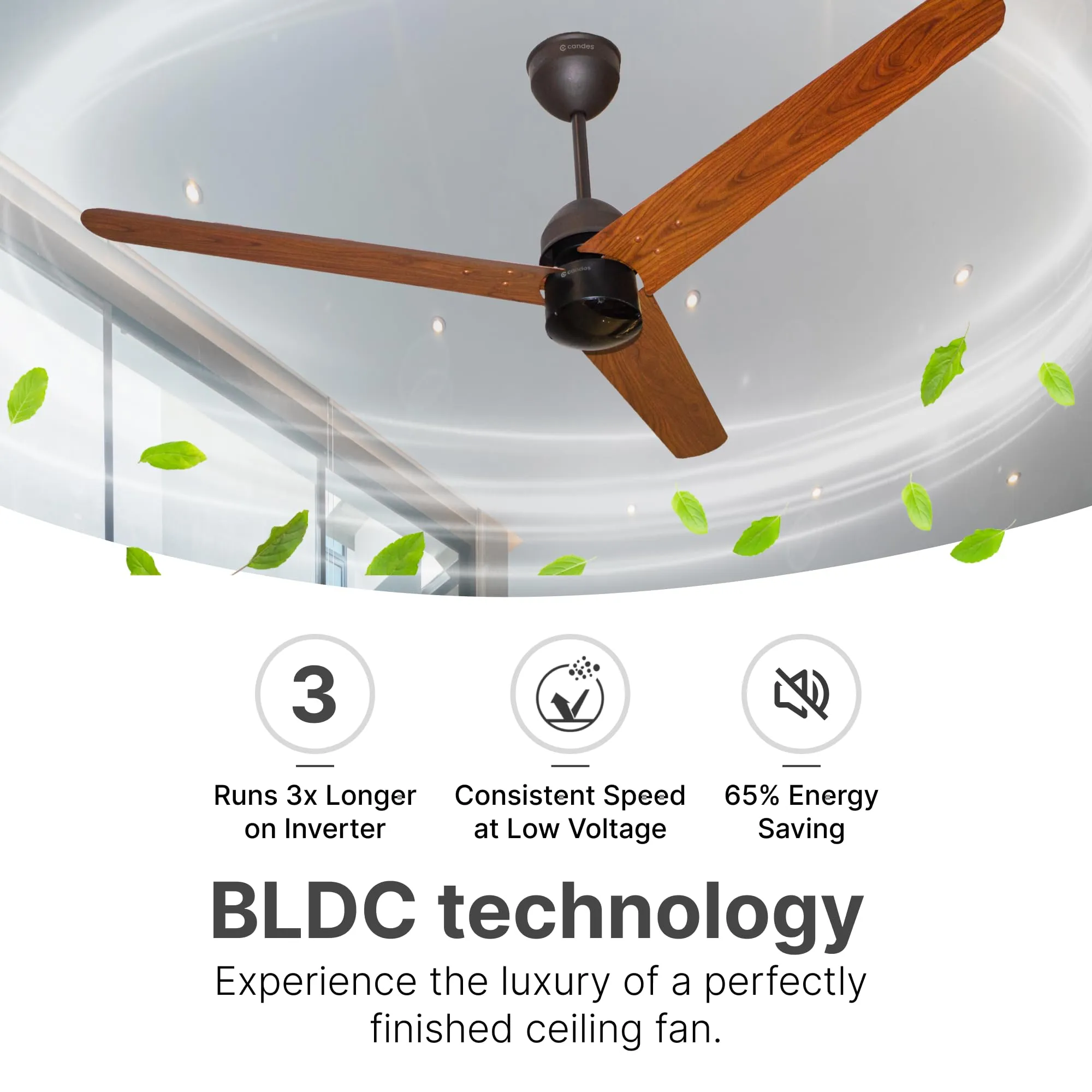 Candes 1200mm Bldc Ceiling Fan with LED Indicator | BEE 5 Star High Speed fan for Home | Silent Remote fan | 6 Speed Levels | High Air delivery | Energy Saving | 2 Yr Manufacturer Warranty |Wooden