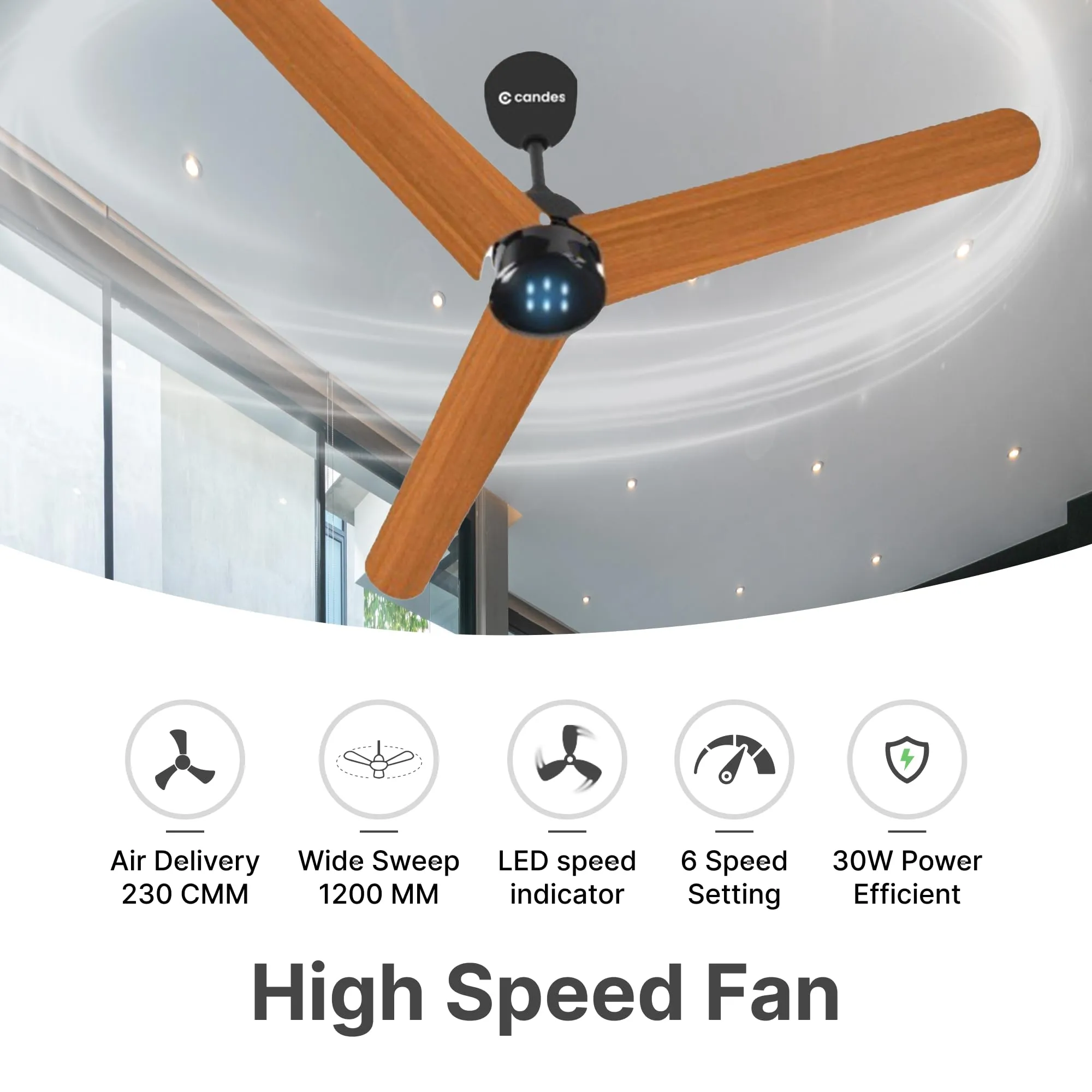 Candes 1200mm Bldc Ceiling Fan with LED Indicator | BEE 5 Star High Speed fan for Home | Silent Remote fan | 6 Speed Levels | High Air delivery | Energy Saving | 2 Yr Manufacturer Warranty |Wooden