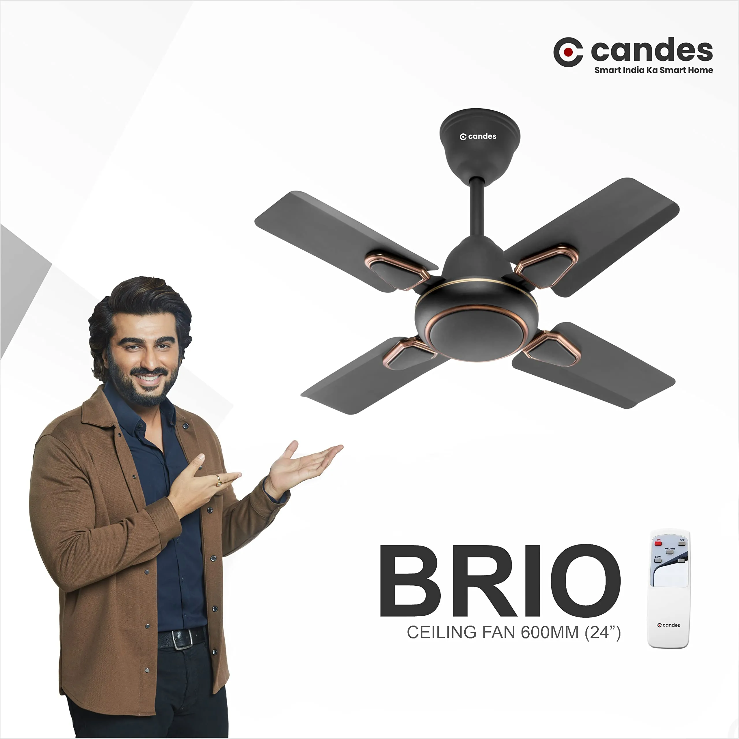 Candes Brio Turbo 600 mm /24 inch Ceiling Fan with Remote Control, High Air Delivery & Energy Saving | Small Fan for Kitchen, Balcony & Small Room | 1 1 Year Warranty | Coffee Brown