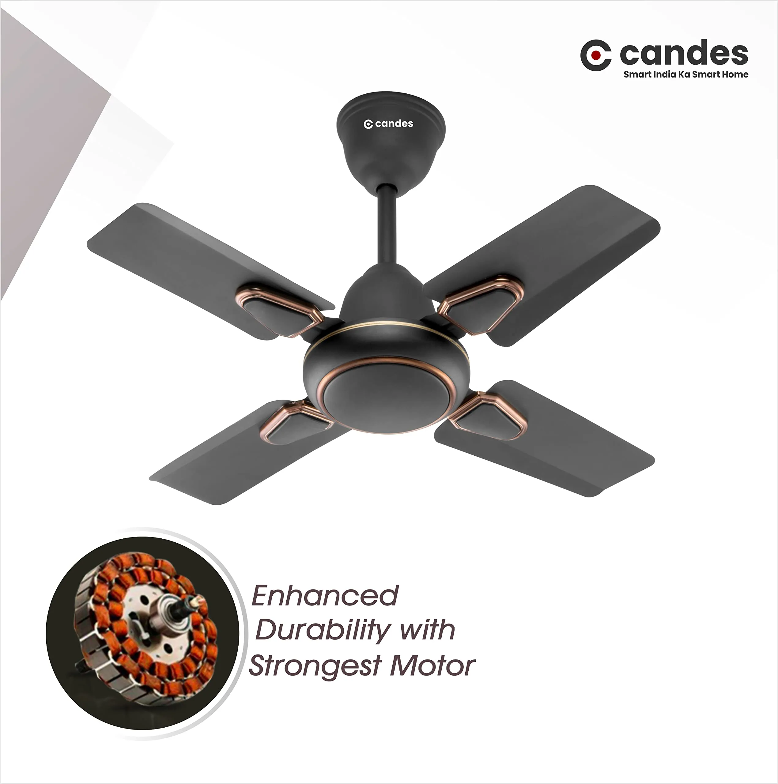 Candes Brio Turbo 600 mm /24 inch Ceiling Fan with Remote Control, High Air Delivery & Energy Saving | Small Fan for Kitchen, Balcony & Small Room | 1 1 Year Warranty | Coffee Brown