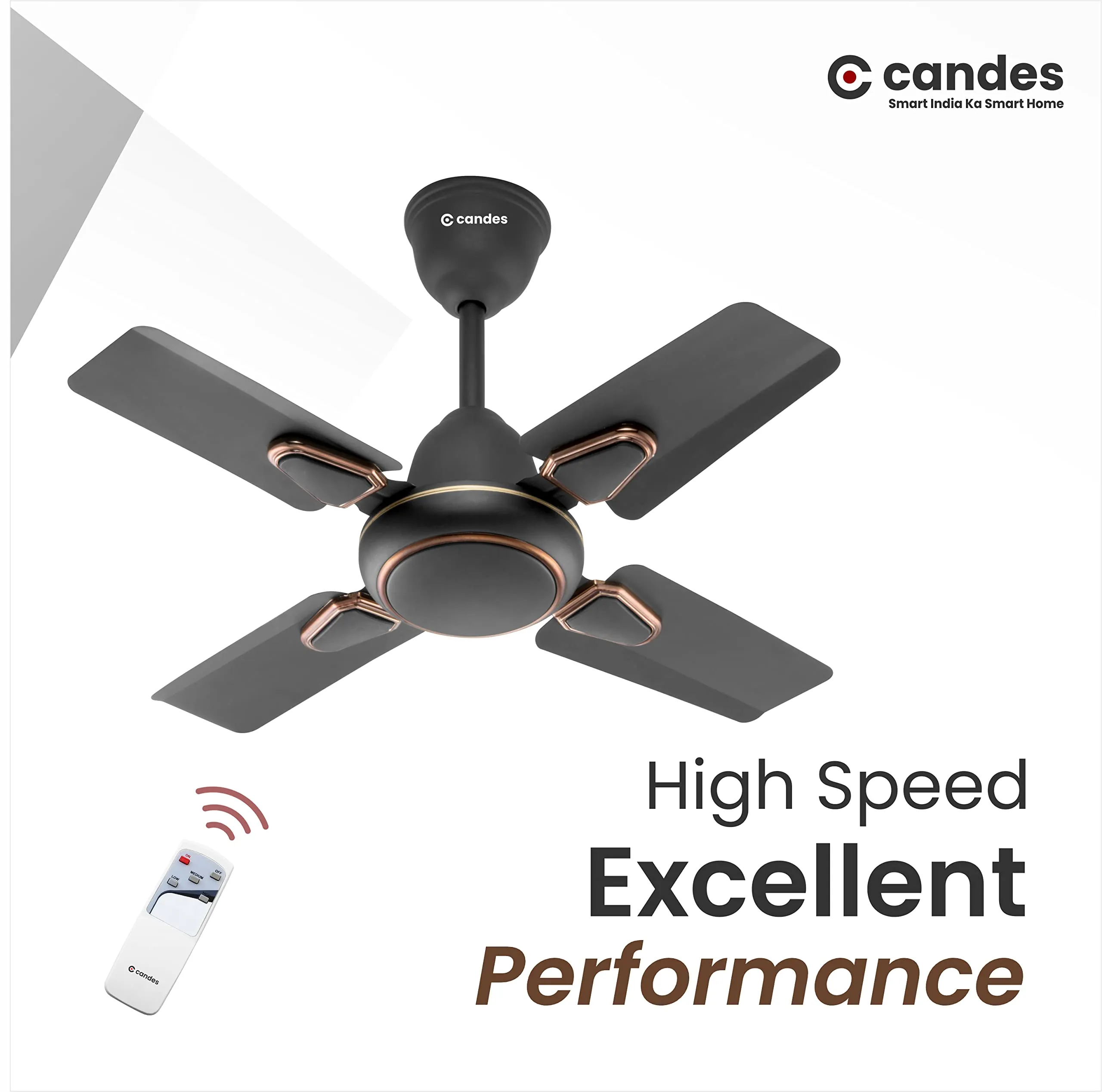 Candes Brio Turbo 600 mm /24 inch Ceiling Fan with Remote Control, High Air Delivery & Energy Saving | Small Fan for Kitchen, Balcony & Small Room | 1 1 Year Warranty | Coffee Brown