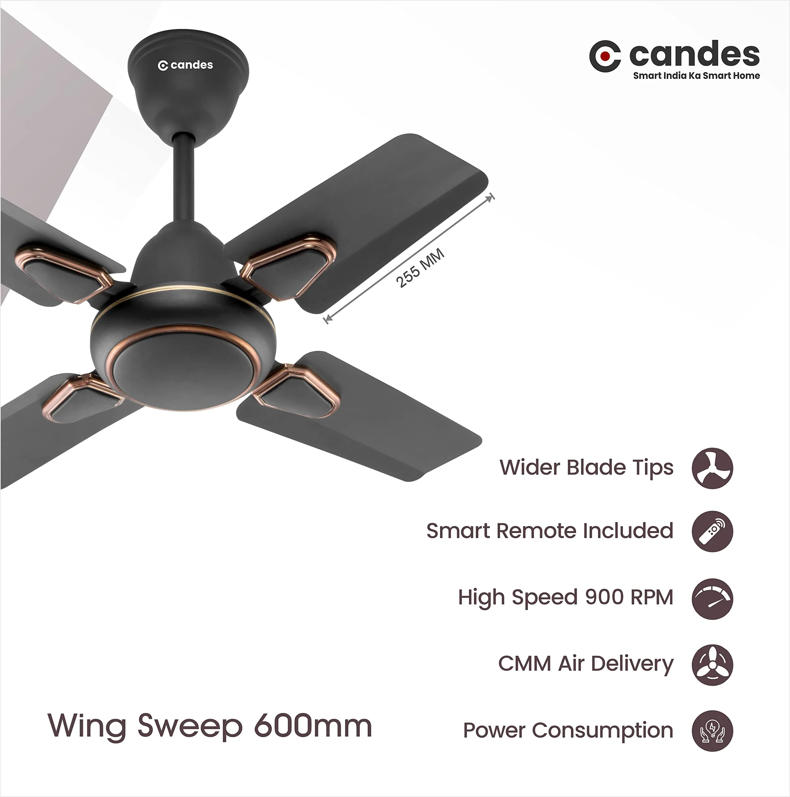 Candes Brio Turbo 600 mm /24 inch Ceiling Fan with Remote Control, High Air Delivery & Energy Saving | Small Fan for Kitchen, Balcony & Small Room | 1 1 Year Warranty | Coffee Brown