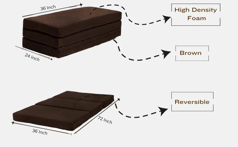 CHILLI BILLI Premium 4-Inch Dual Comfort Foldable Single Bed Mattress for Travel and Picnic - High Density Foam, Reversible, Brown (3x6ft)